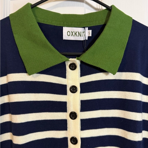 OXKNIT Women's Striped Polo Shirt - Navy, Green, and White Small - Picture 2 of 6